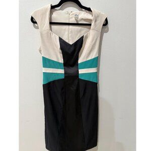 Cream turquoise and black satin panel dress, 4 Sangria
